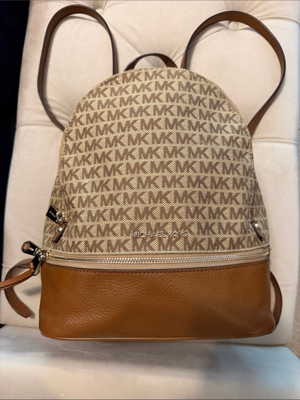 Michael Kors Tan and Beige MK Logo Backpack